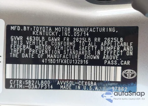 2014 Toyota Camry Hybrid Xle z USA, uszkodzony, nr VIN 4T1BD1FK8EU132916